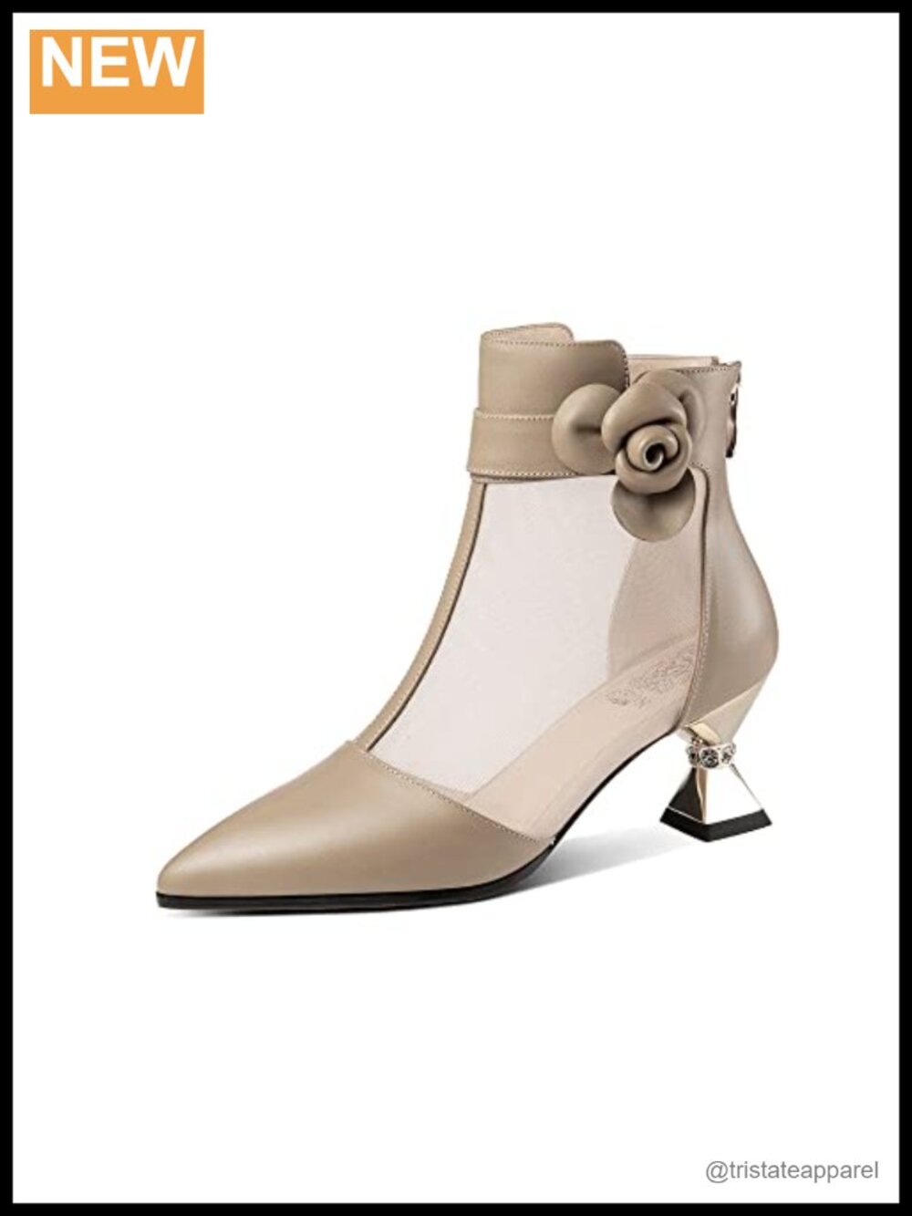 Women's Pointed Toe Mid Heel Zip Ankle Boots Genuine Leather Embellished